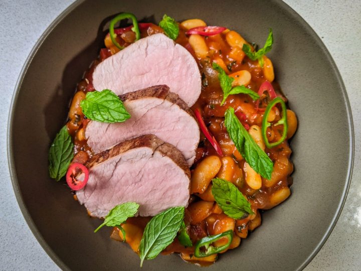 CHORIZO IBERICO DE BELLOTA AND ALARGADA BEAN STEW with Seared Pork Fillet